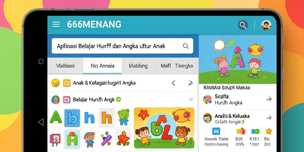Antarmuka aplikasi Belajar Huruf Angka yang menarik dan colorful.