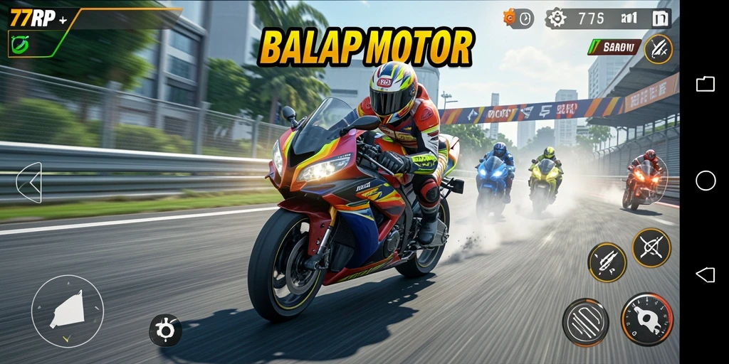 Antarmuka menarik dari game balap motor 77RP yang penuh aksi.