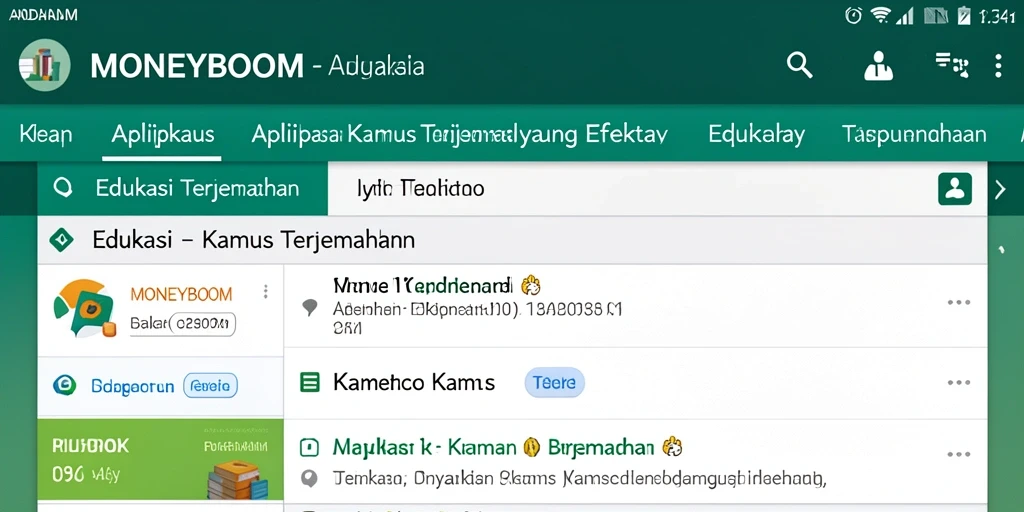 Tampilan antarmuka MONEYBOOM dengan fitur Kamus Terjemahan yang user-friendly.